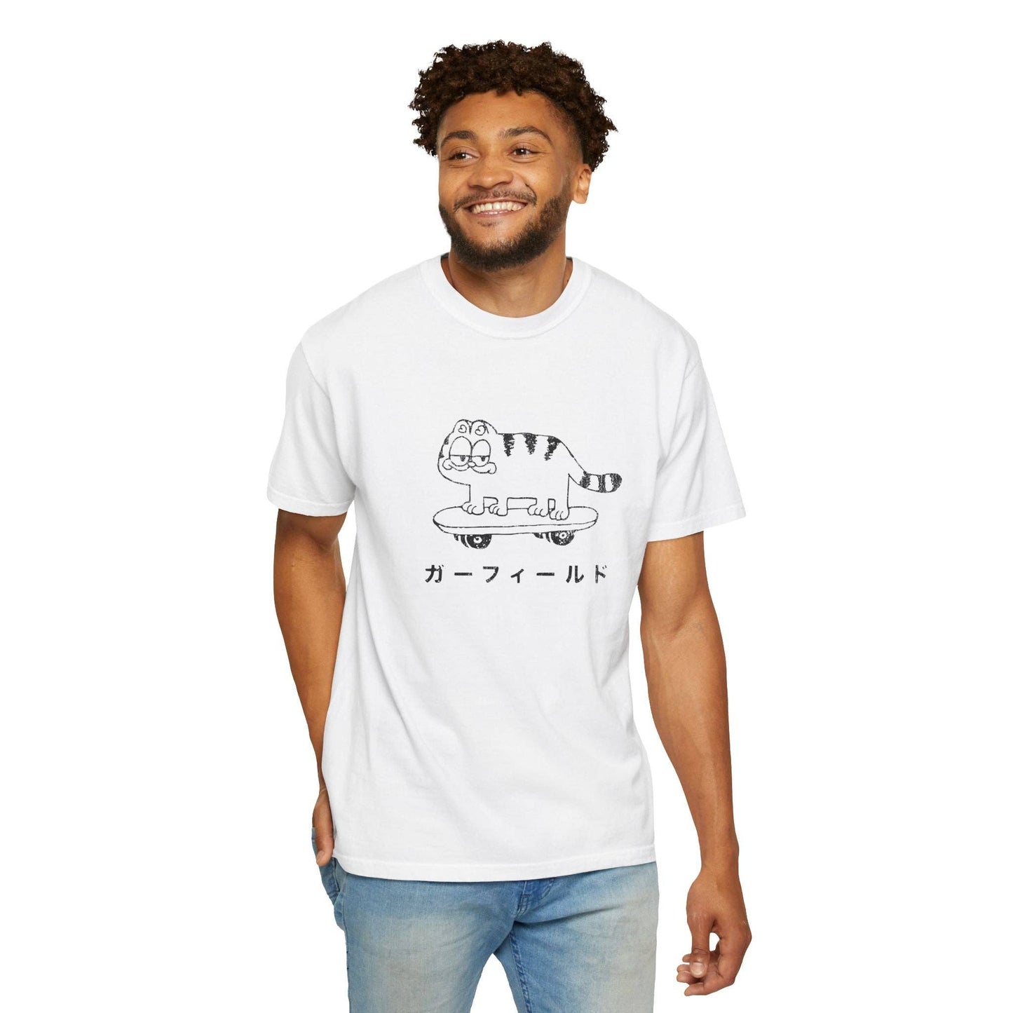 Retro Garfield Like Skater Cat Japanese Graphic Tee.