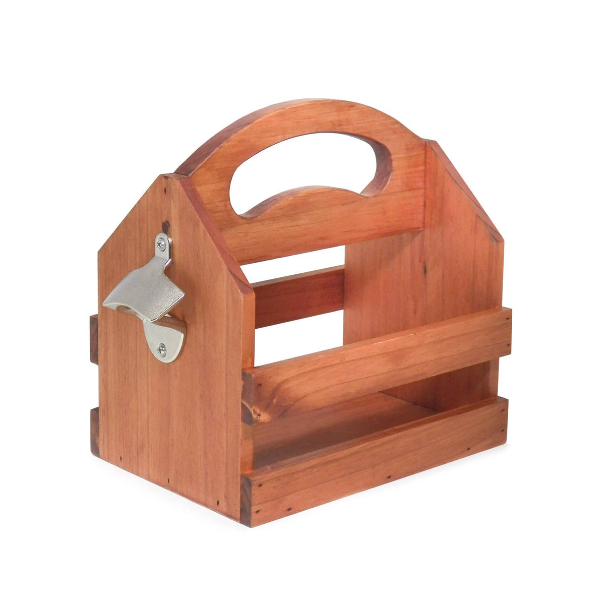 Brown Wood Six Pack Bottle Caddy With Bottle Opener